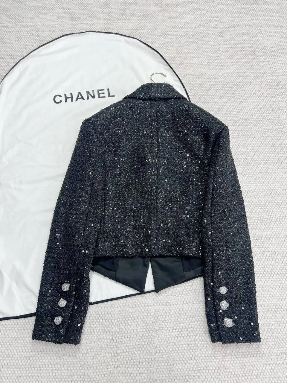 Chanel 24B Black Wool Tweed Bow Short Jacket