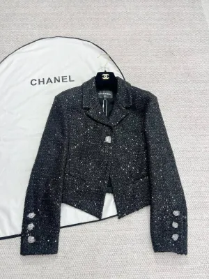 Chanel 24B Black Wool Tweed Bow Short Jacket
