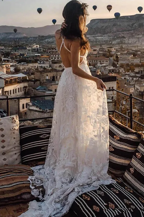 Charming Ivory Boho Lace Bohemian Long Beach Wedding Dresses Bridal Dress, MW263