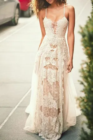 Cheap Spaghetti Straps Tulle Beach Wedding Dress, Lace Appliques Bridal Dresses,MW312