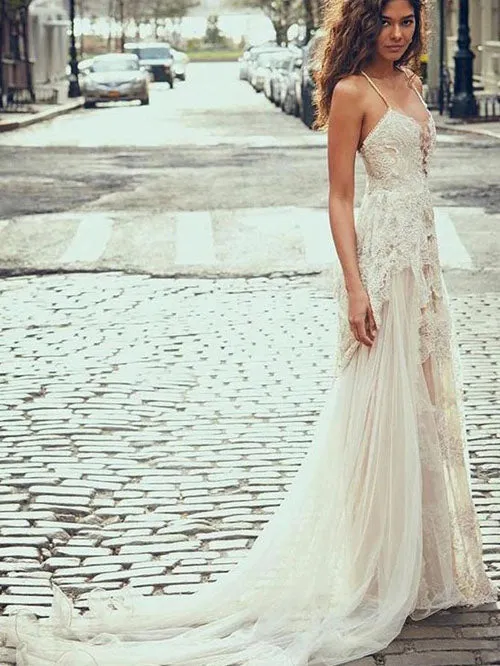 Cheap Spaghetti Straps Tulle Beach Wedding Dress, Lace Appliques Bridal Dresses,MW312