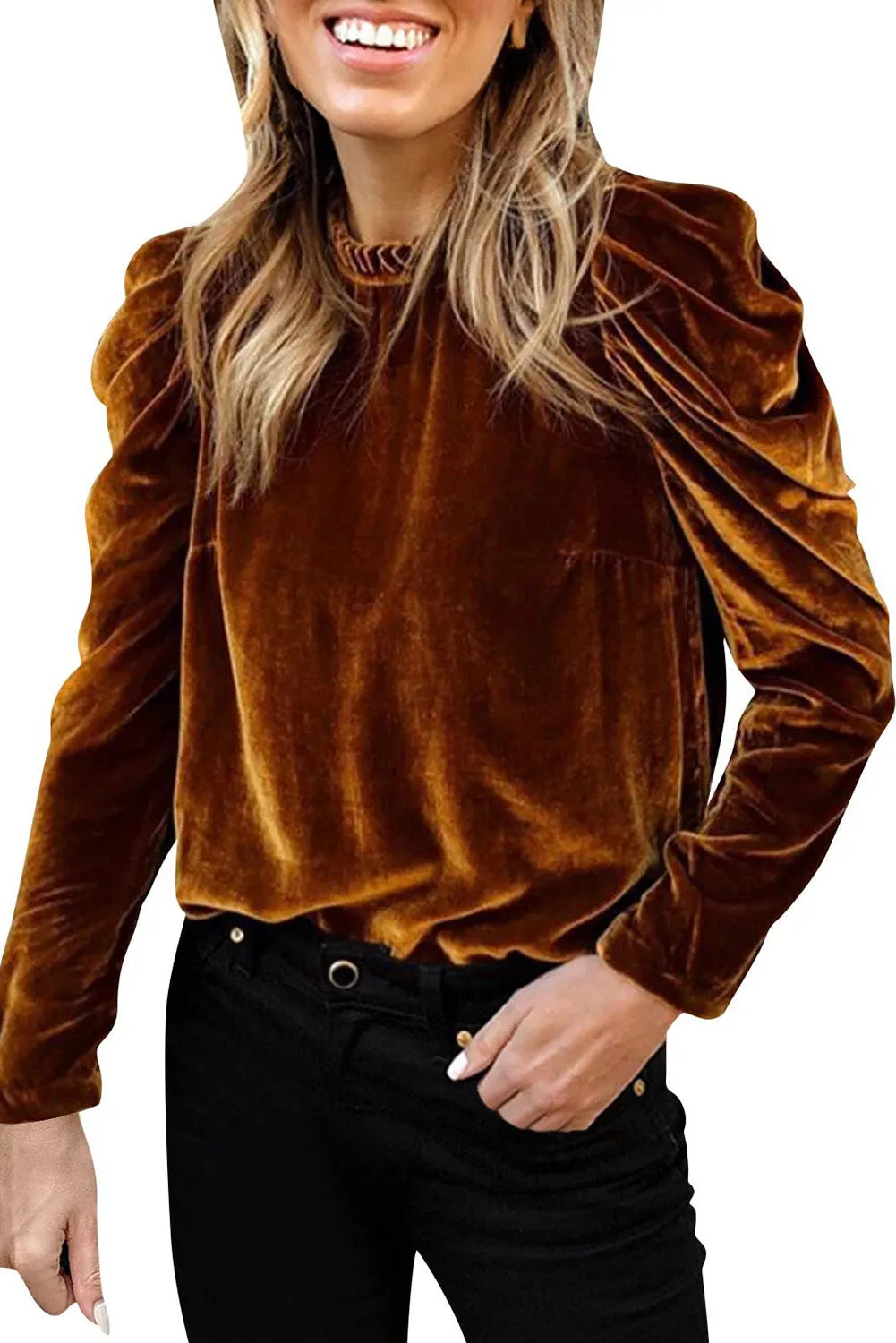 Chestnut Velvet Frilled Collar Puff Sleeve Top