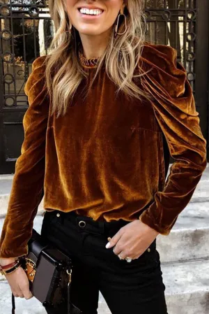Chestnut Velvet Frilled Collar Puff Sleeve Top