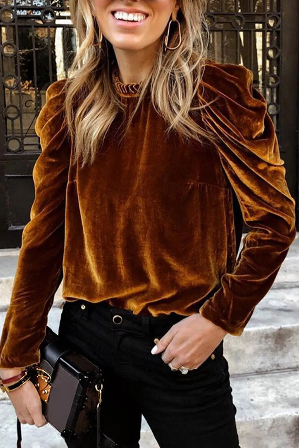 Chestnut Velvet Frilled Collar Puff Sleeve Top