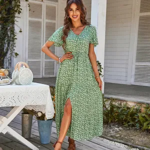 Chic Vintage Floral Summer Dress: Elegant High Waist Slit Maxi for Women