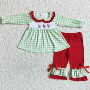 Christmas Embroidery Green Animal Plaid Pant Set