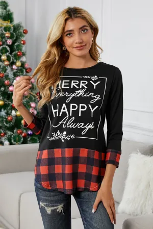Christmas Letter Print Red Plaid Cuffs and Hem Long Sleeve Top