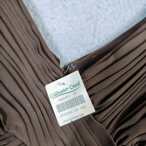 Coldwater Creek Midi Dress Womens 10 Brown 3/4 Sleeve Pleated A-Line NWT