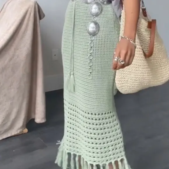 cotton crochet fringe midi skirt in sage