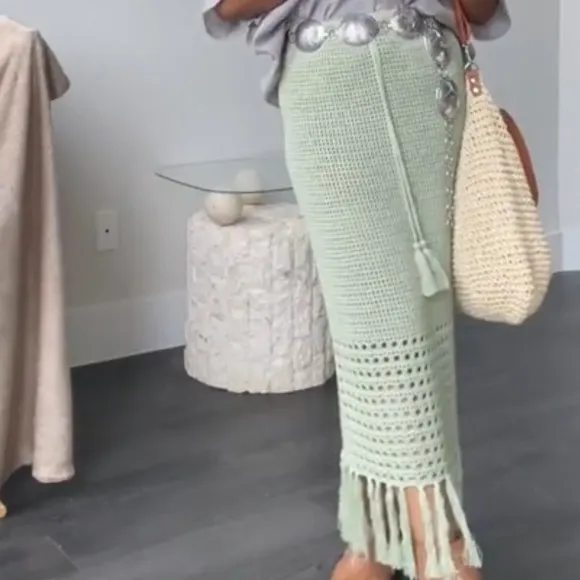 cotton crochet fringe midi skirt in sage