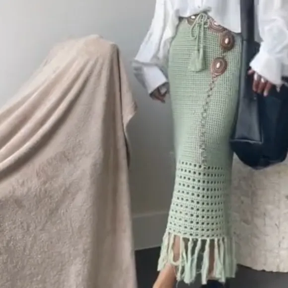cotton crochet fringe midi skirt in sage