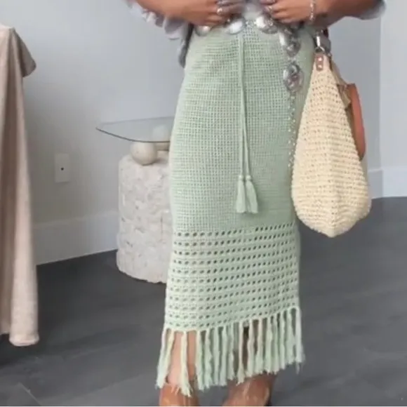 cotton crochet fringe midi skirt in sage
