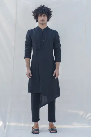 Cotton X Linen Black Aysmmetric Pleated Kurta Set