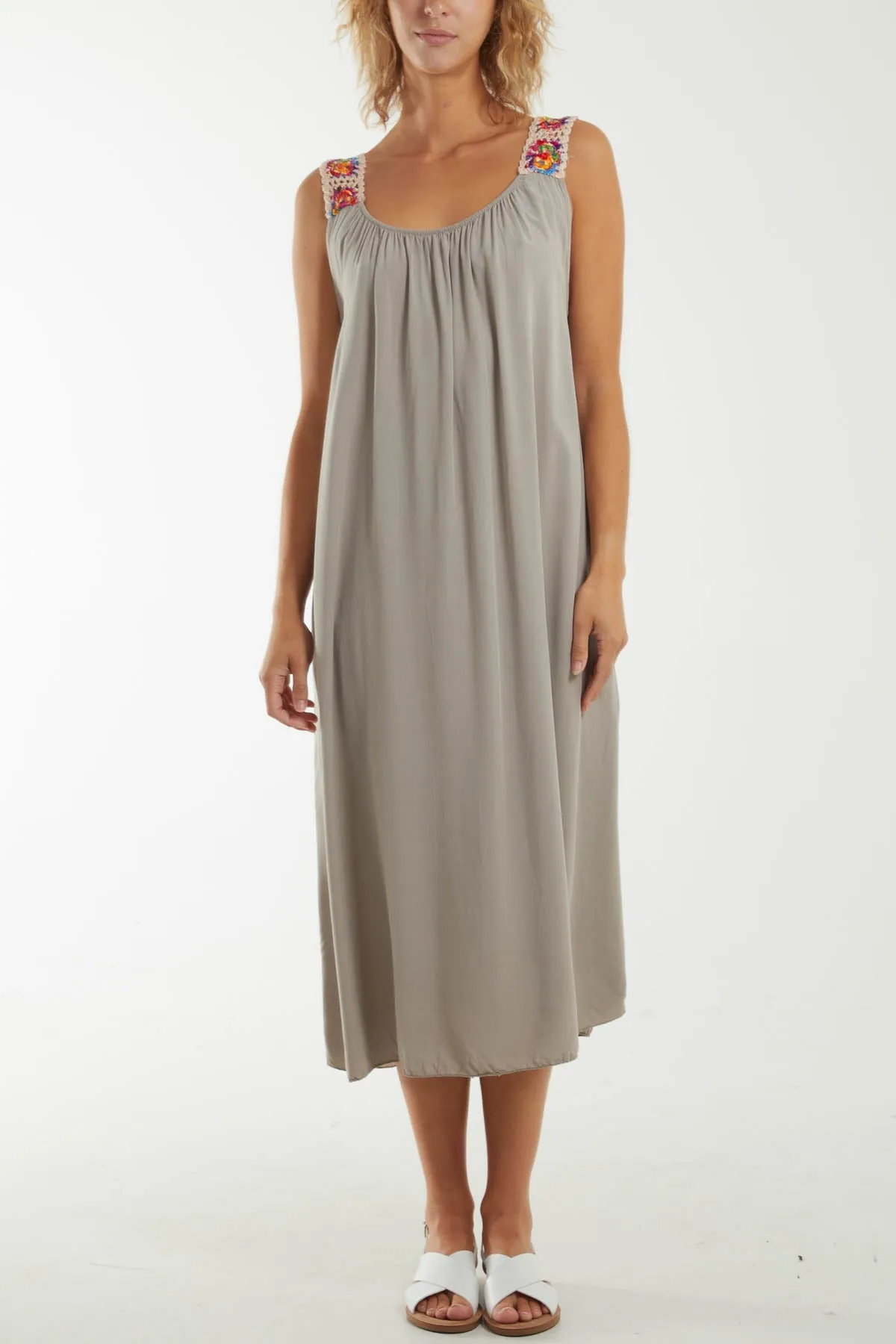 Crochet Sleeve Scoop Neck Midi Dress