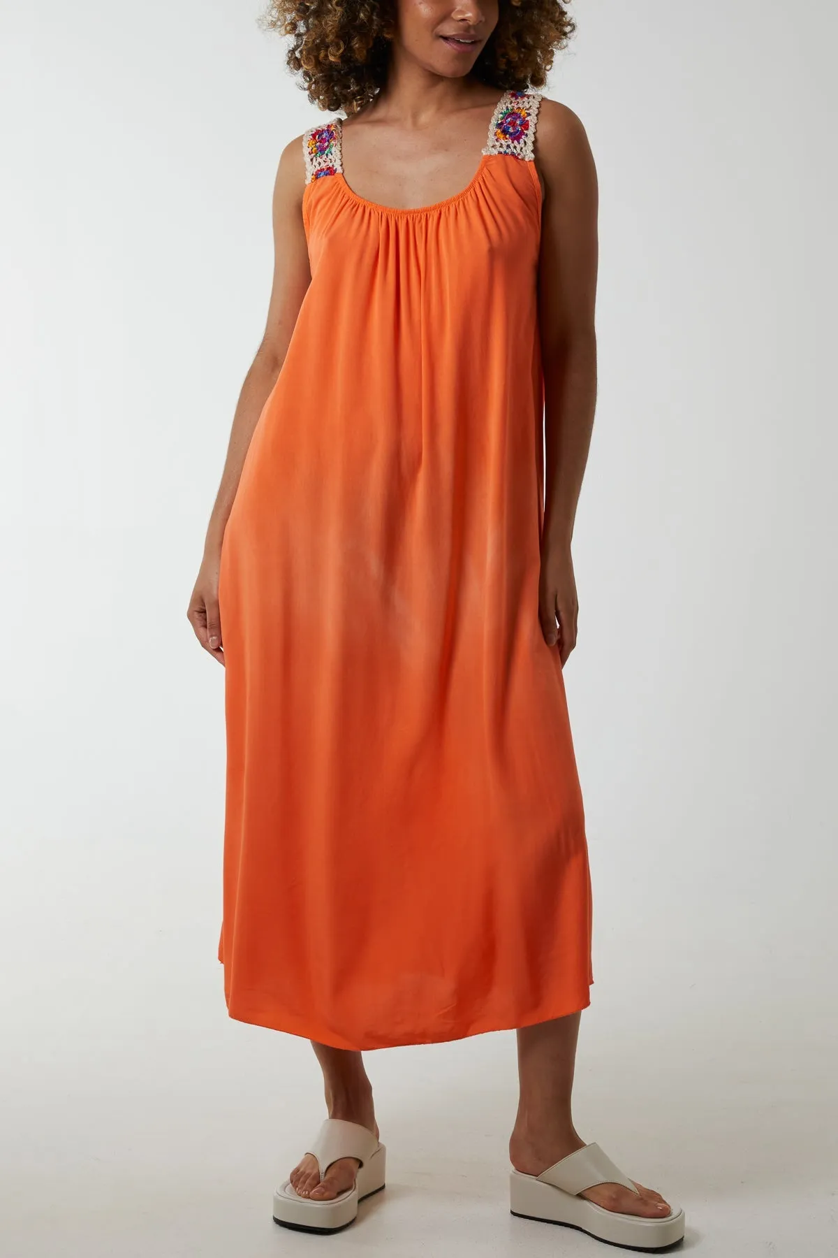 Crochet Sleeve Scoop Neck Midi Dress