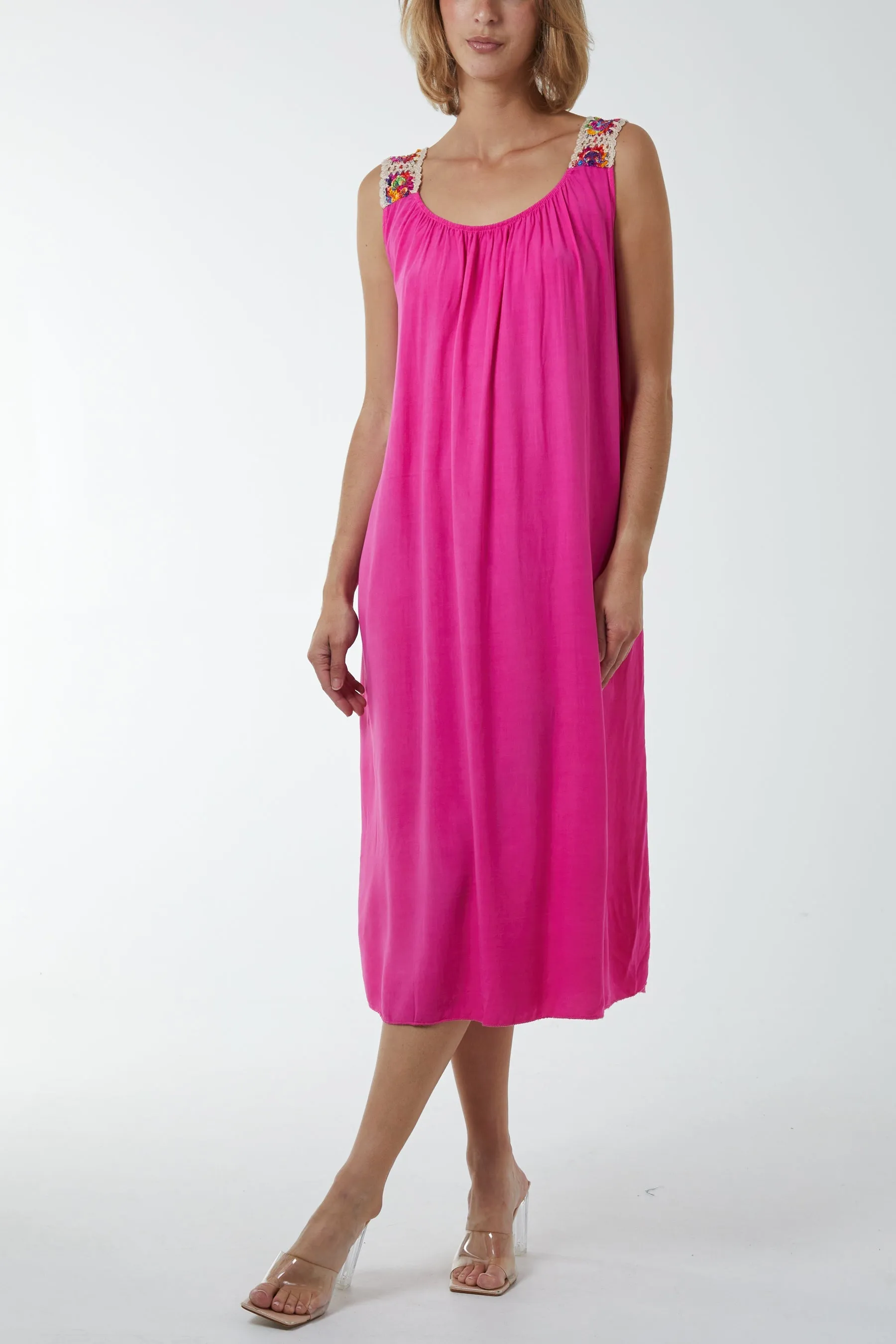 Crochet Sleeve Scoop Neck Midi Dress
