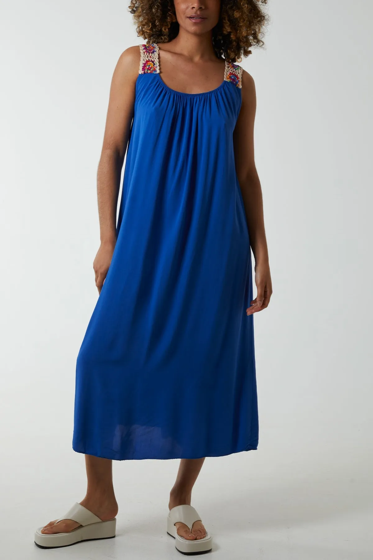 Crochet Sleeve Scoop Neck Midi Dress