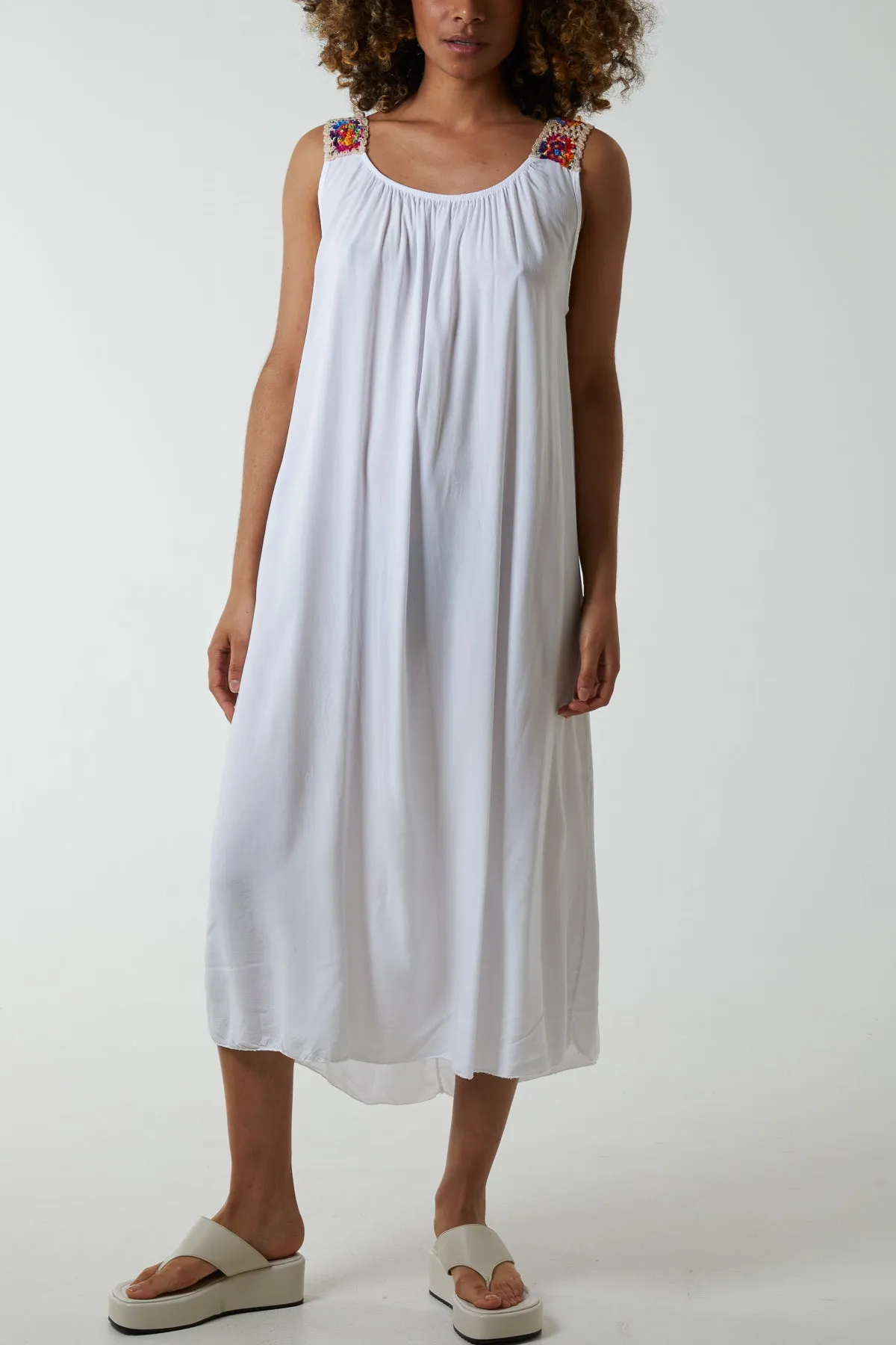 Crochet Sleeve Scoop Neck Midi Dress