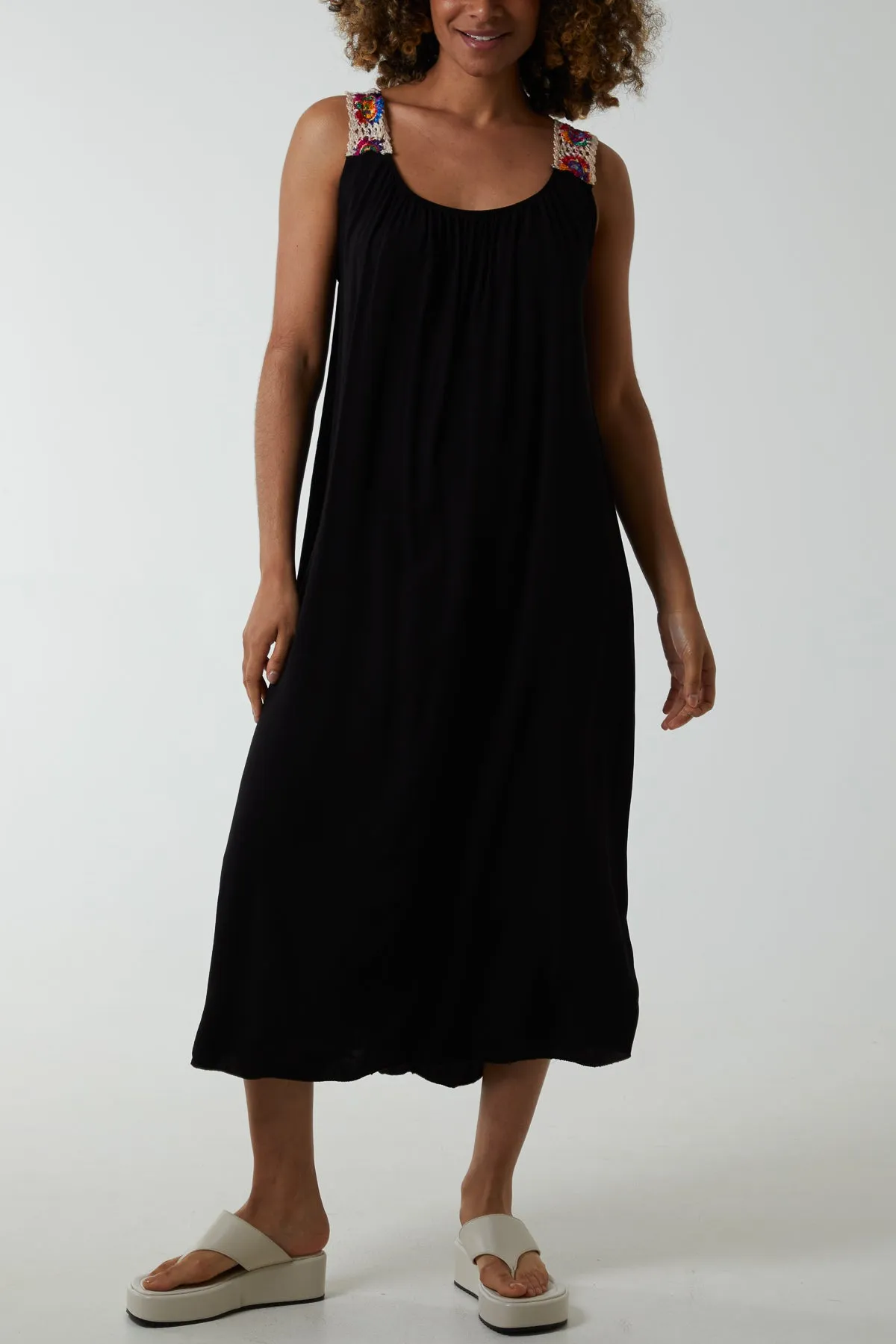Crochet Sleeve Scoop Neck Midi Dress
