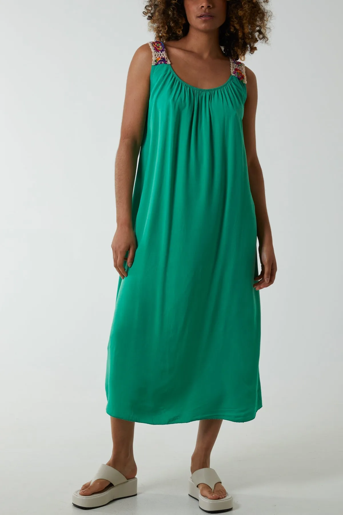 Crochet Sleeve Scoop Neck Midi Dress