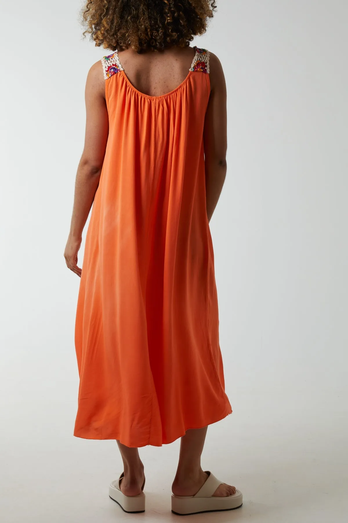 Crochet Sleeve Scoop Neck Midi Dress