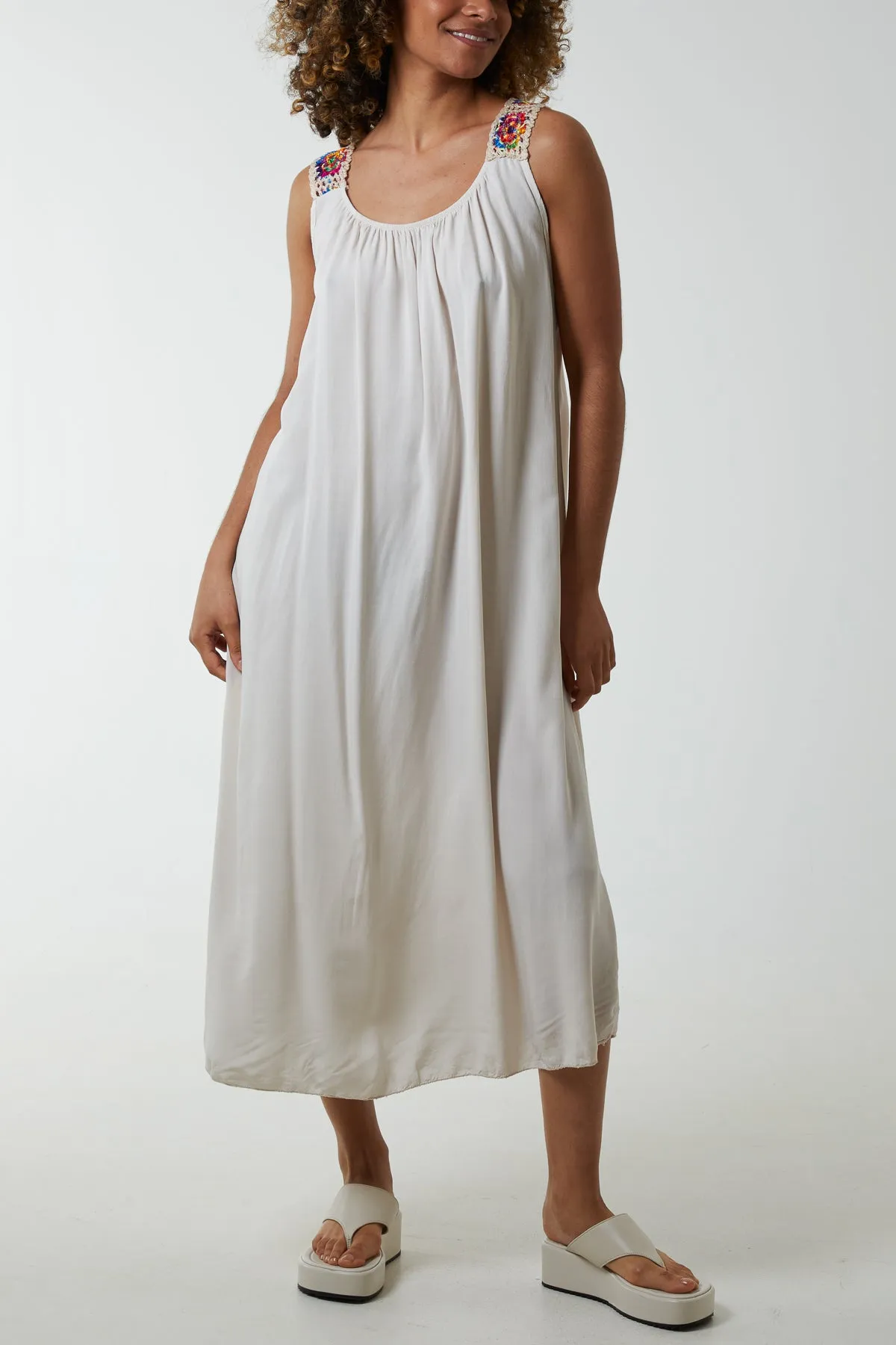 Crochet Sleeve Scoop Neck Midi Dress