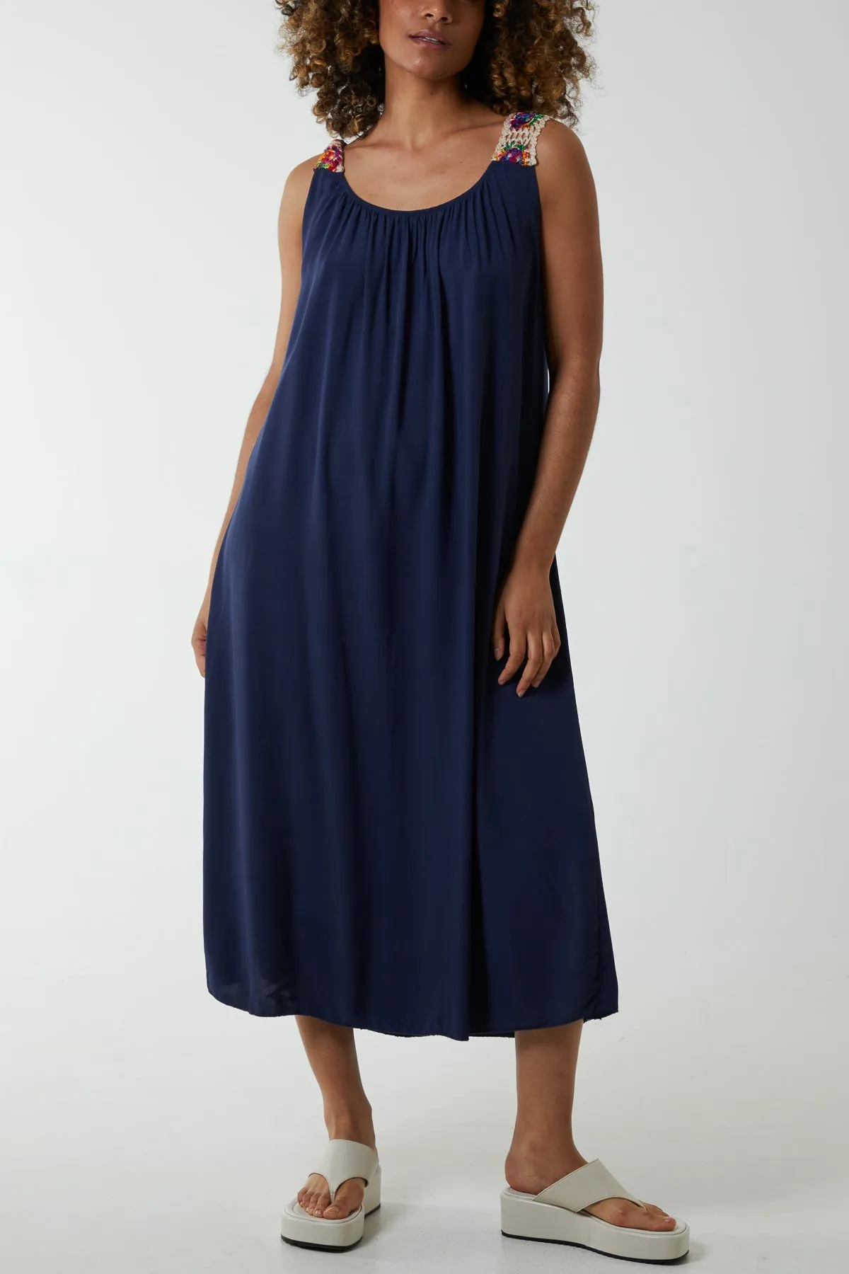 Crochet Sleeve Scoop Neck Midi Dress