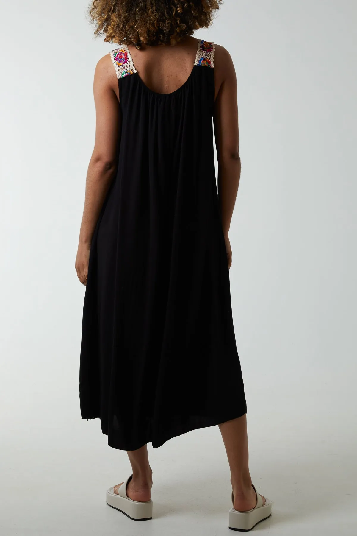 Crochet Sleeve Scoop Neck Midi Dress