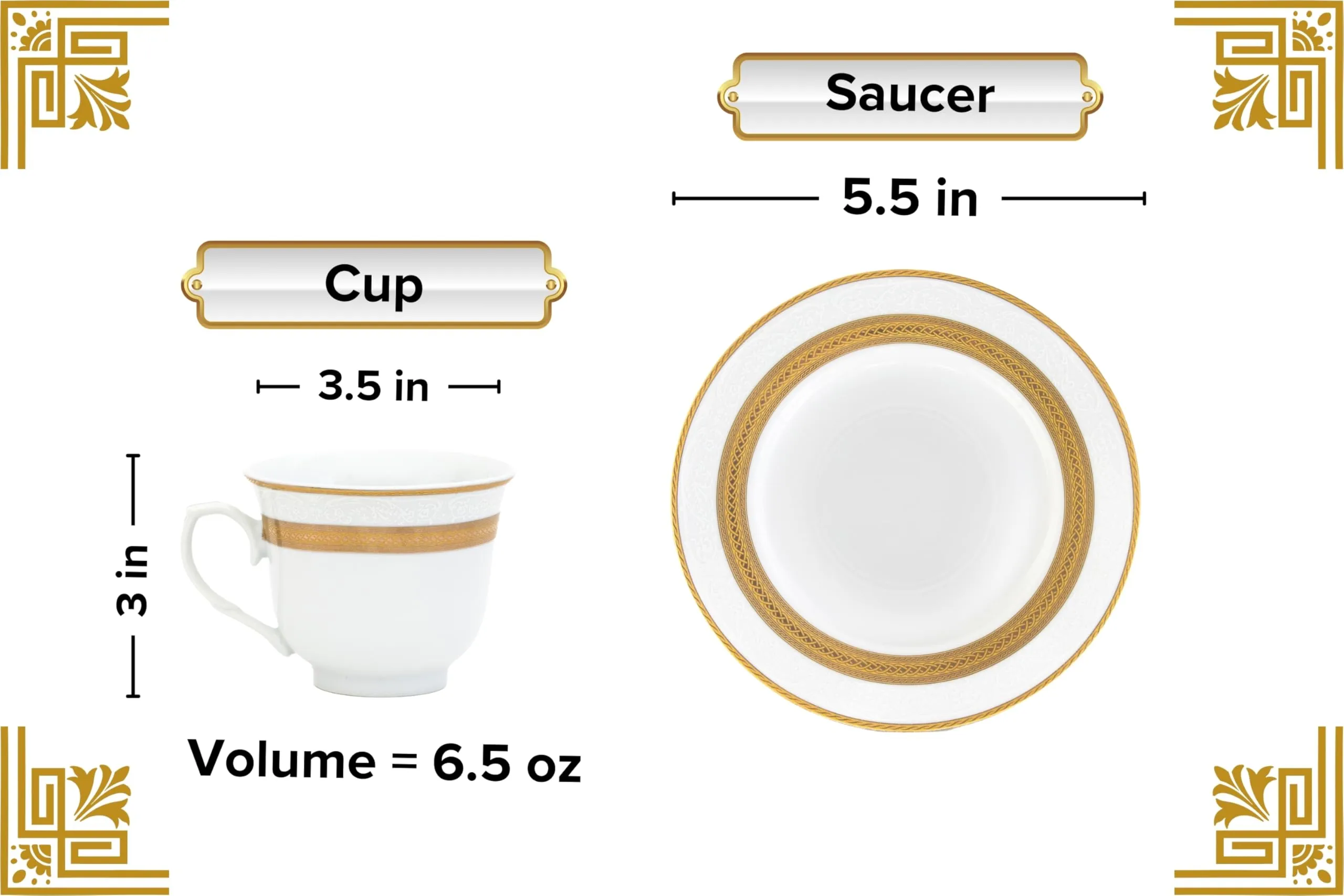 Cup and Saucer 4 Piece - Porcelain Tea Set - White with Gold Rope Design - 5.5 Inch Saucers, 6.5 oz Cups - Luxurious Tea Sets for Adults, Tea Parties, Cappuccino Mug (Rope Gold 3004, 4 Piece)