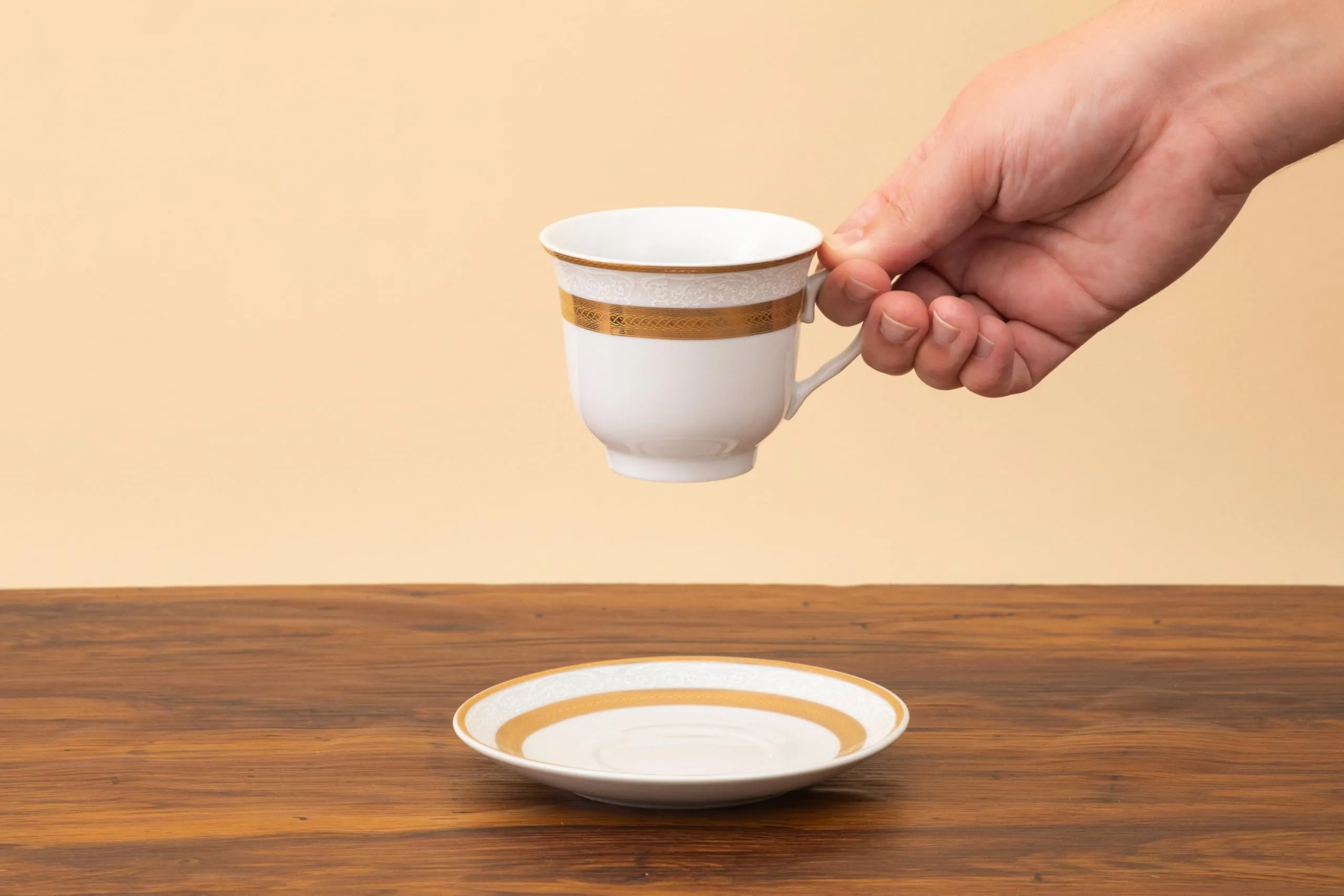 Cup and Saucer 4 Piece - Porcelain Tea Set - White with Gold Rope Design - 5.5 Inch Saucers, 6.5 oz Cups - Luxurious Tea Sets for Adults, Tea Parties, Cappuccino Mug (Rope Gold 3004, 4 Piece)