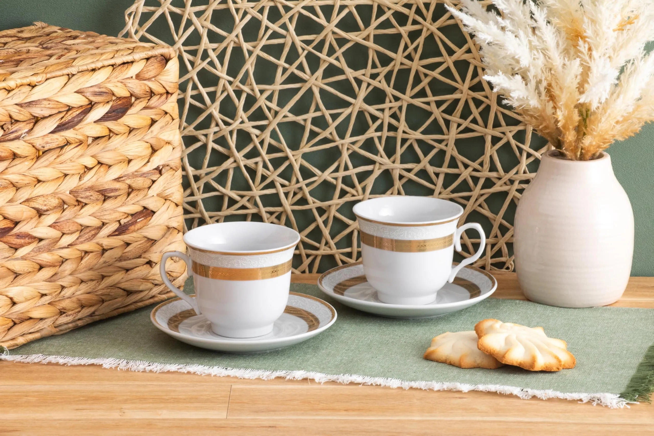 Cup and Saucer 4 Piece - Porcelain Tea Set - White with Gold Rope Design - 5.5 Inch Saucers, 6.5 oz Cups - Luxurious Tea Sets for Adults, Tea Parties, Cappuccino Mug (Rope Gold 3004, 4 Piece)