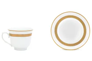 Cup and Saucer 4 Piece - Porcelain Tea Set - White with Gold Rope Design - 5.5 Inch Saucers, 6.5 oz Cups - Luxurious Tea Sets for Adults, Tea Parties, Cappuccino Mug (Rope Gold 3004, 4 Piece)