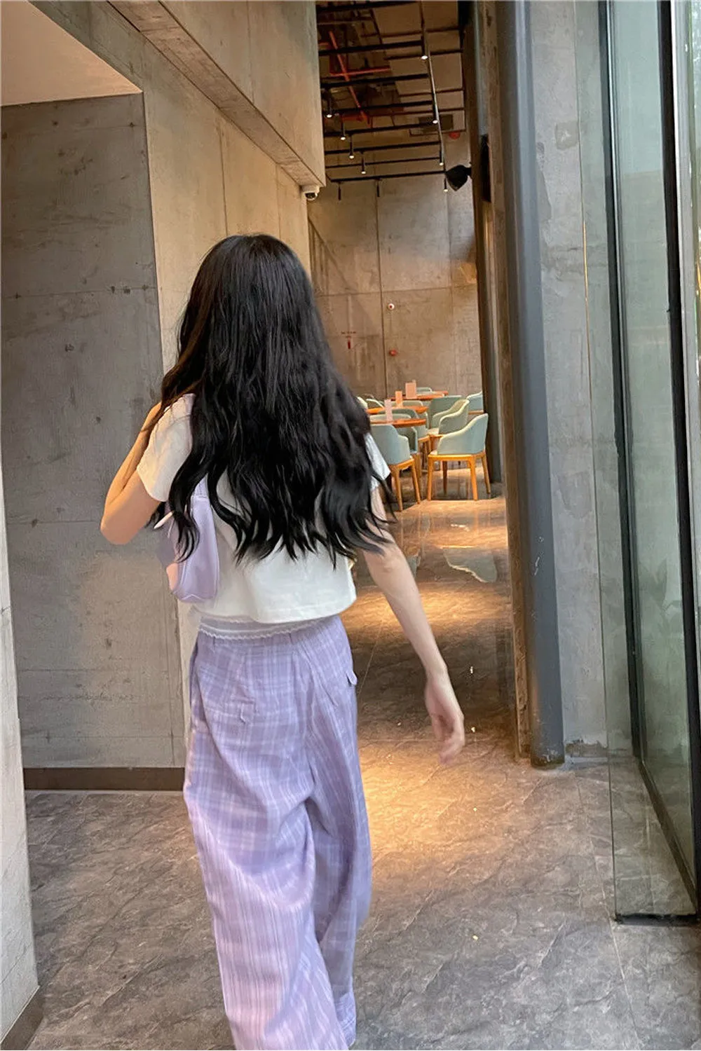 Cute Purple Casual Loose Plaid Pants