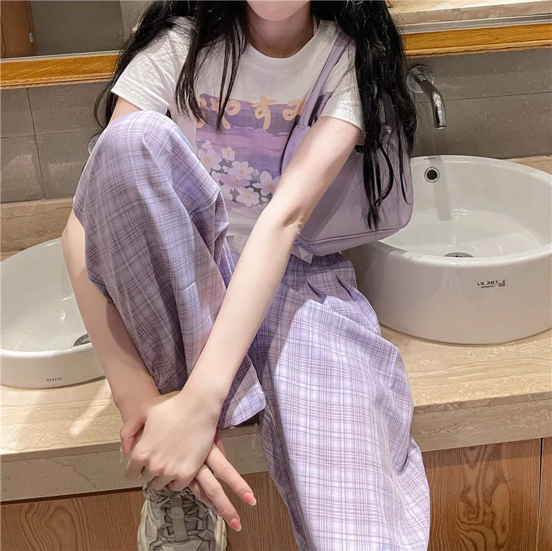 Cute Purple Casual Loose Plaid Pants