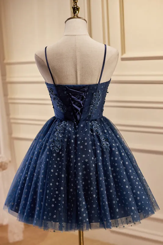 Dark_Navy Spaghetti Straps Tulle Short Homecoming Dresses