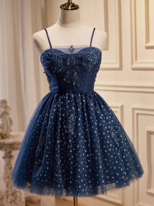 Dark_Navy Spaghetti Straps Tulle Short Homecoming Dresses
