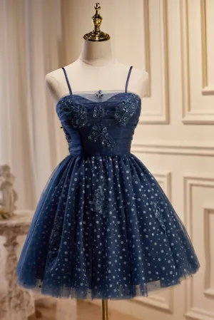 Dark_Navy Spaghetti Straps Tulle Short Homecoming Dresses