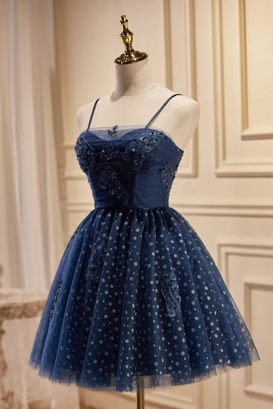 Dark_Navy Spaghetti Straps Tulle Short Homecoming Dresses