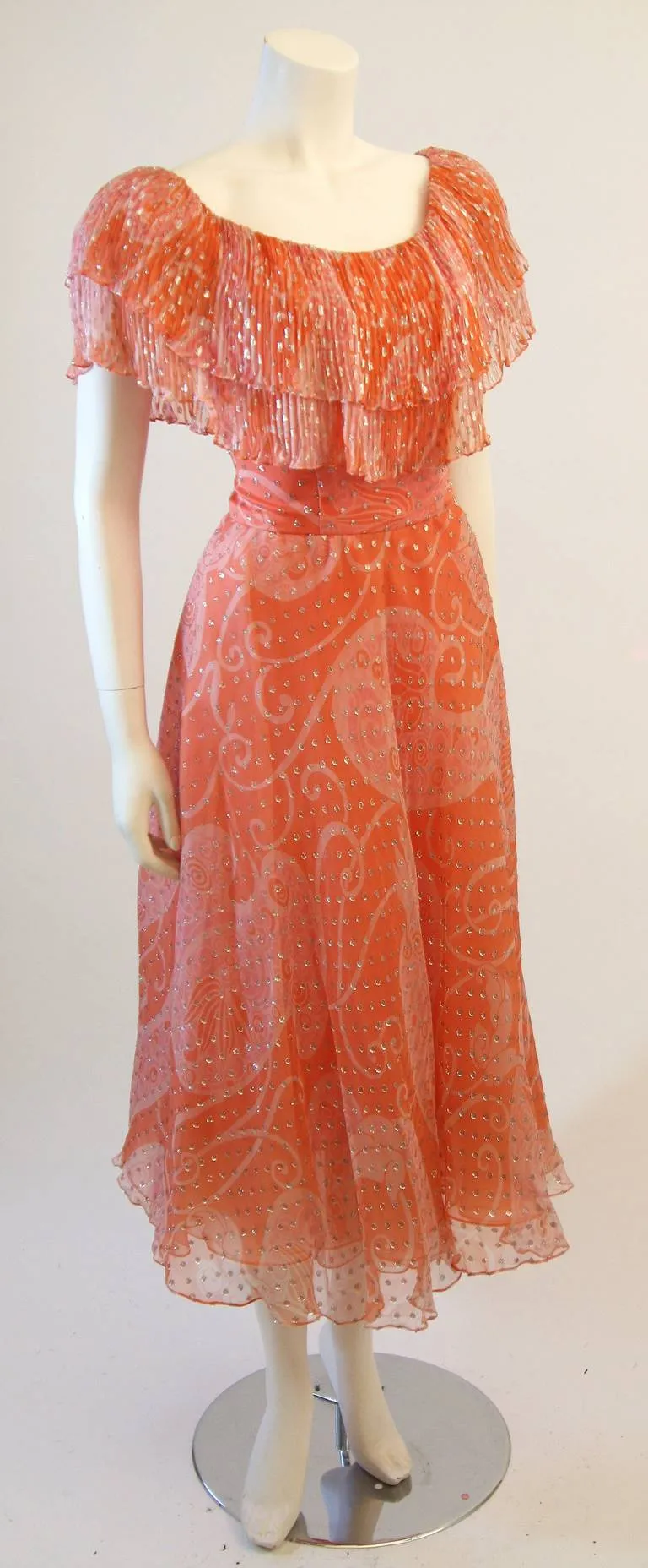 DIANE DICKERSON Coral Chiffon Dress with Ruffle Size 6