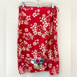 DISNEY | Vintage Red Mickey Mouse Hawaiian Floral Wrap Midi Skirt | Small