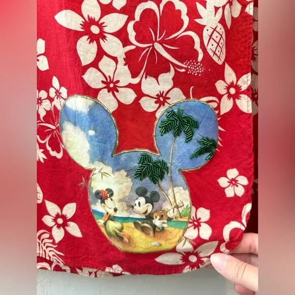 DISNEY | Vintage Red Mickey Mouse Hawaiian Floral Wrap Midi Skirt | Small