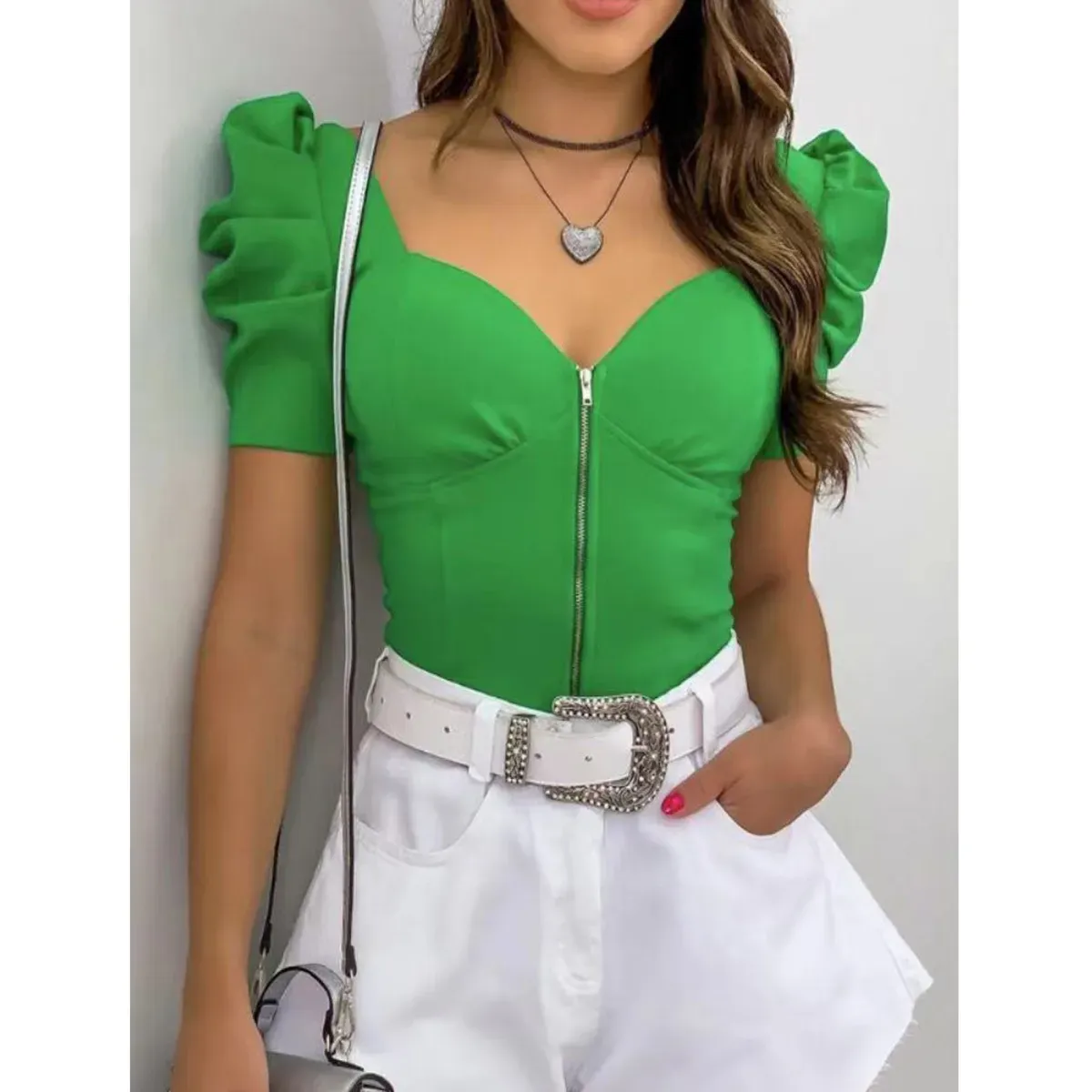 Drama Sweetheart Neck Puff Sleeve Zipper Corset Top