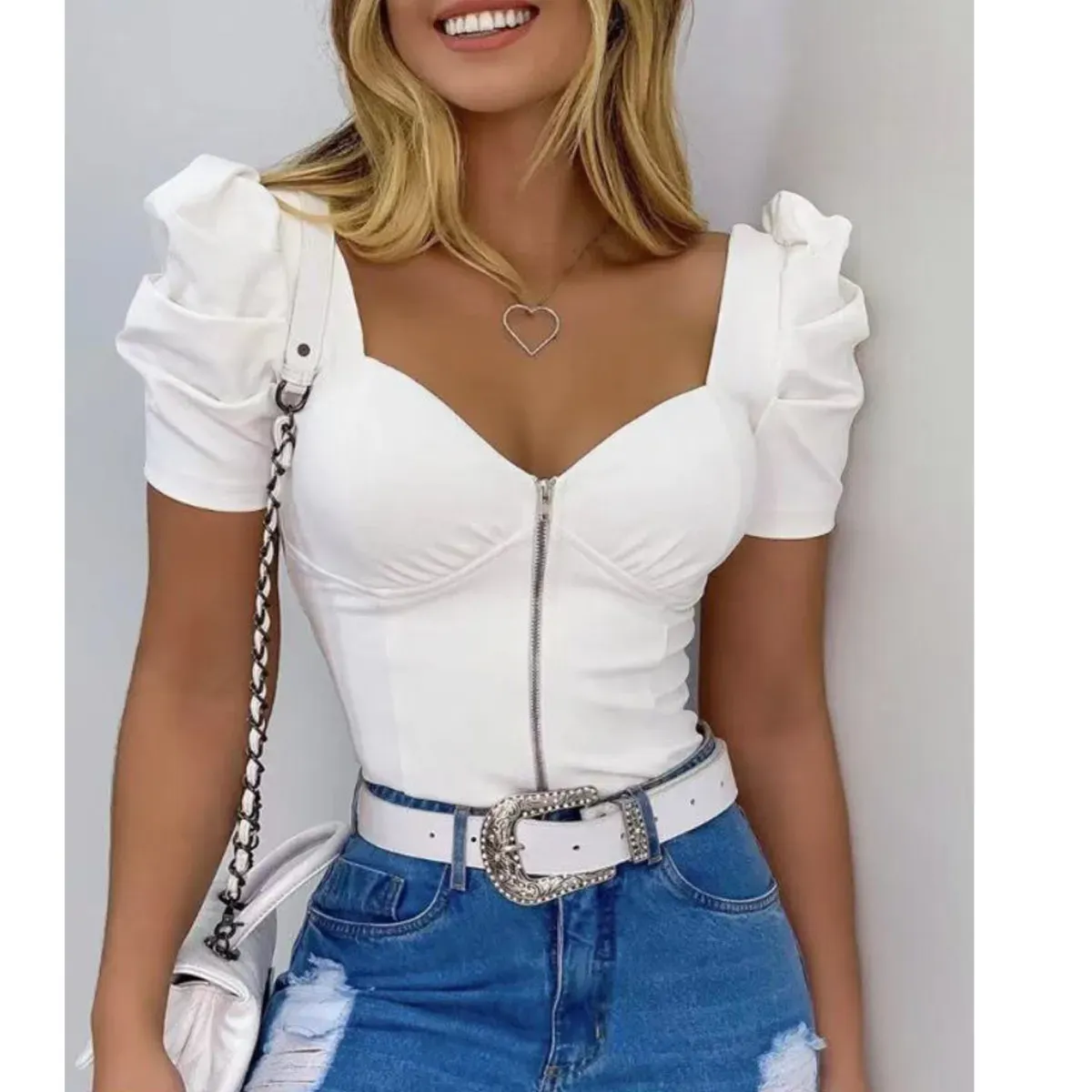 Drama Sweetheart Neck Puff Sleeve Zipper Corset Top