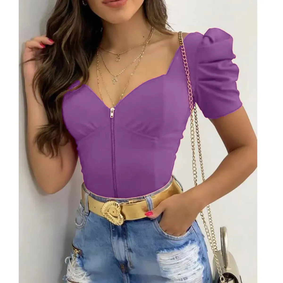 Drama Sweetheart Neck Puff Sleeve Zipper Corset Top