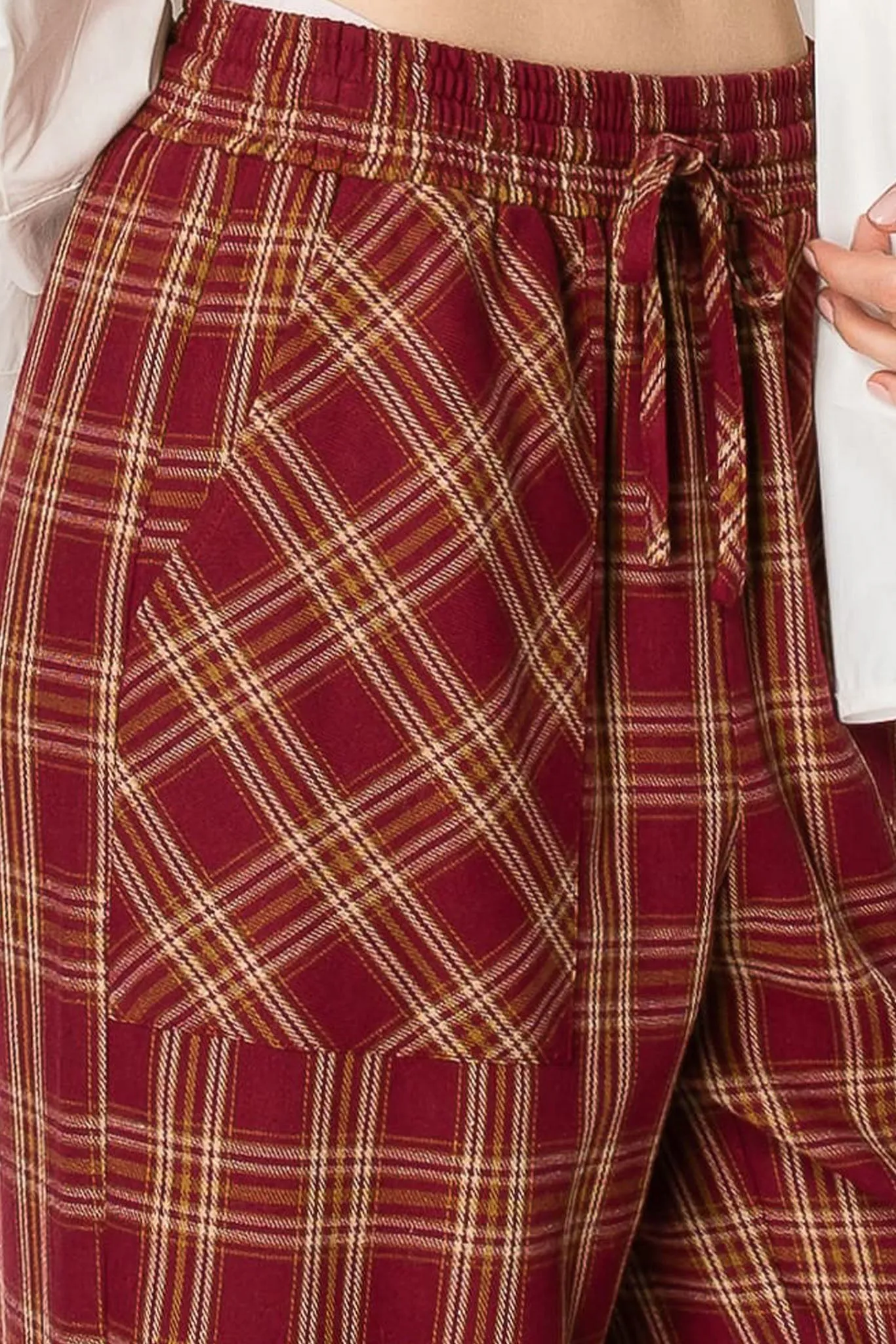 DRAW STRING PLAID WIDE LEG PANTS WITH POCKETS