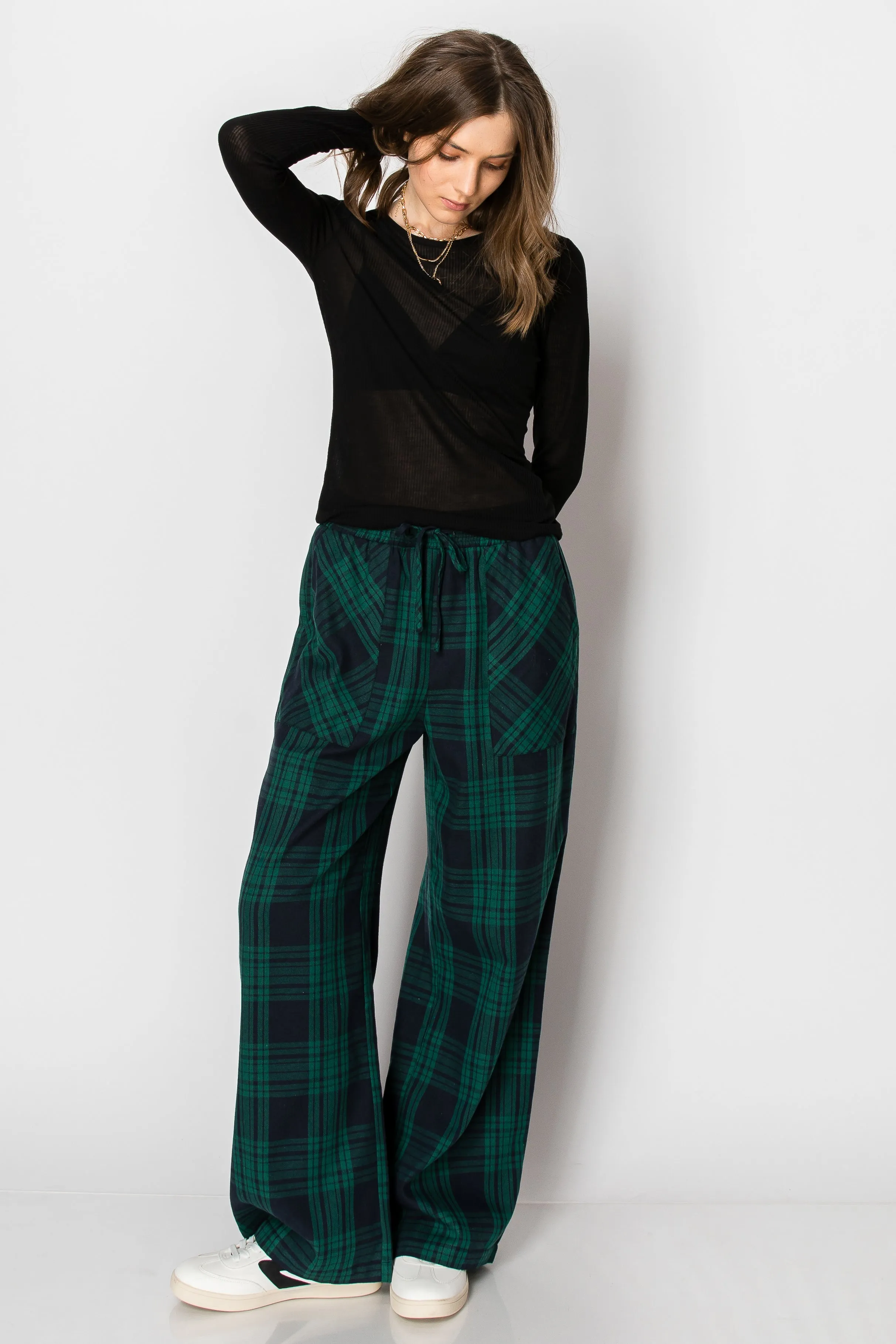 DRAW STRING PLAID WIDE LEG PANTS WITH POCKETS
