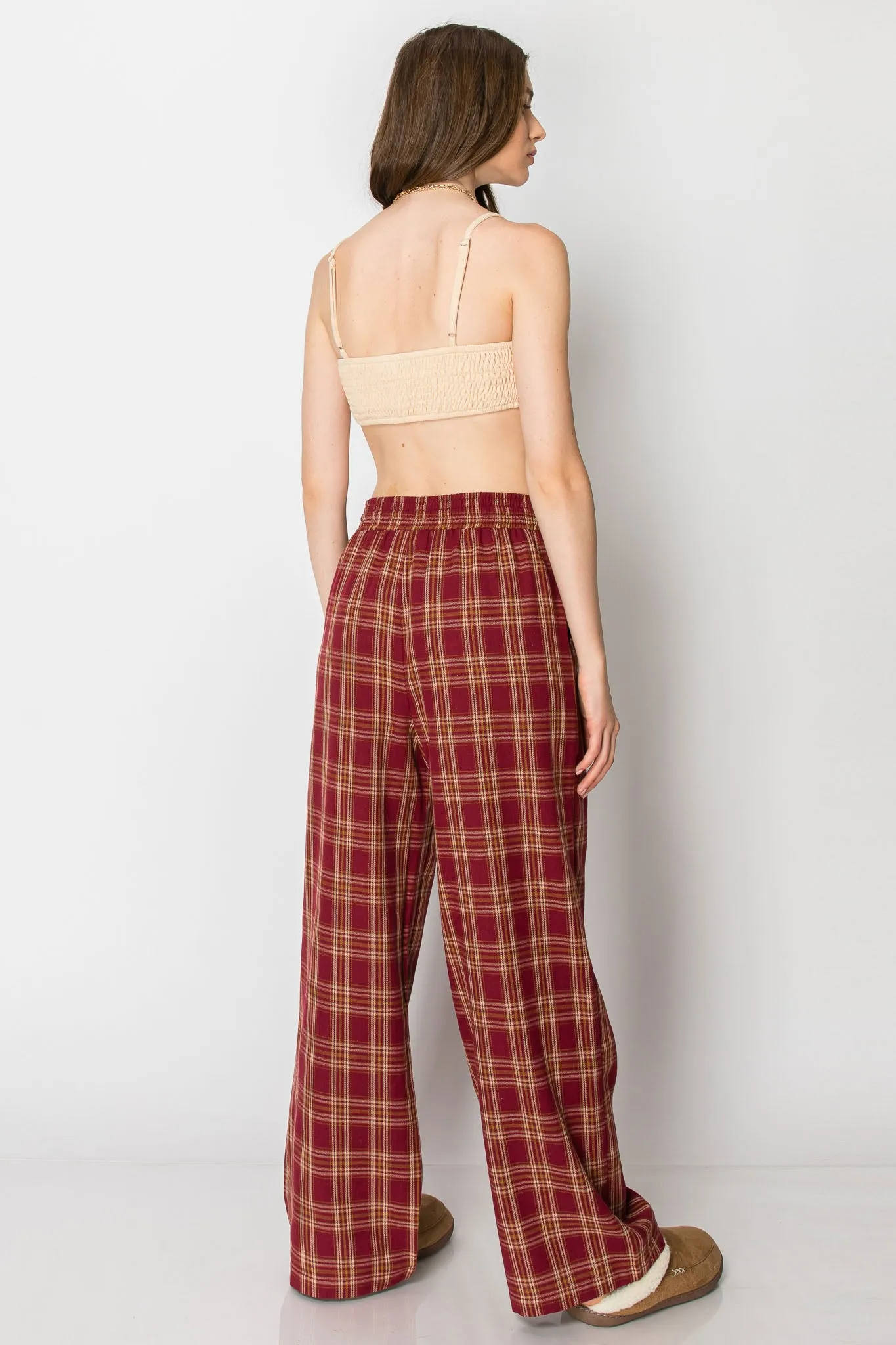 DRAW STRING PLAID WIDE LEG PANTS WITH POCKETS