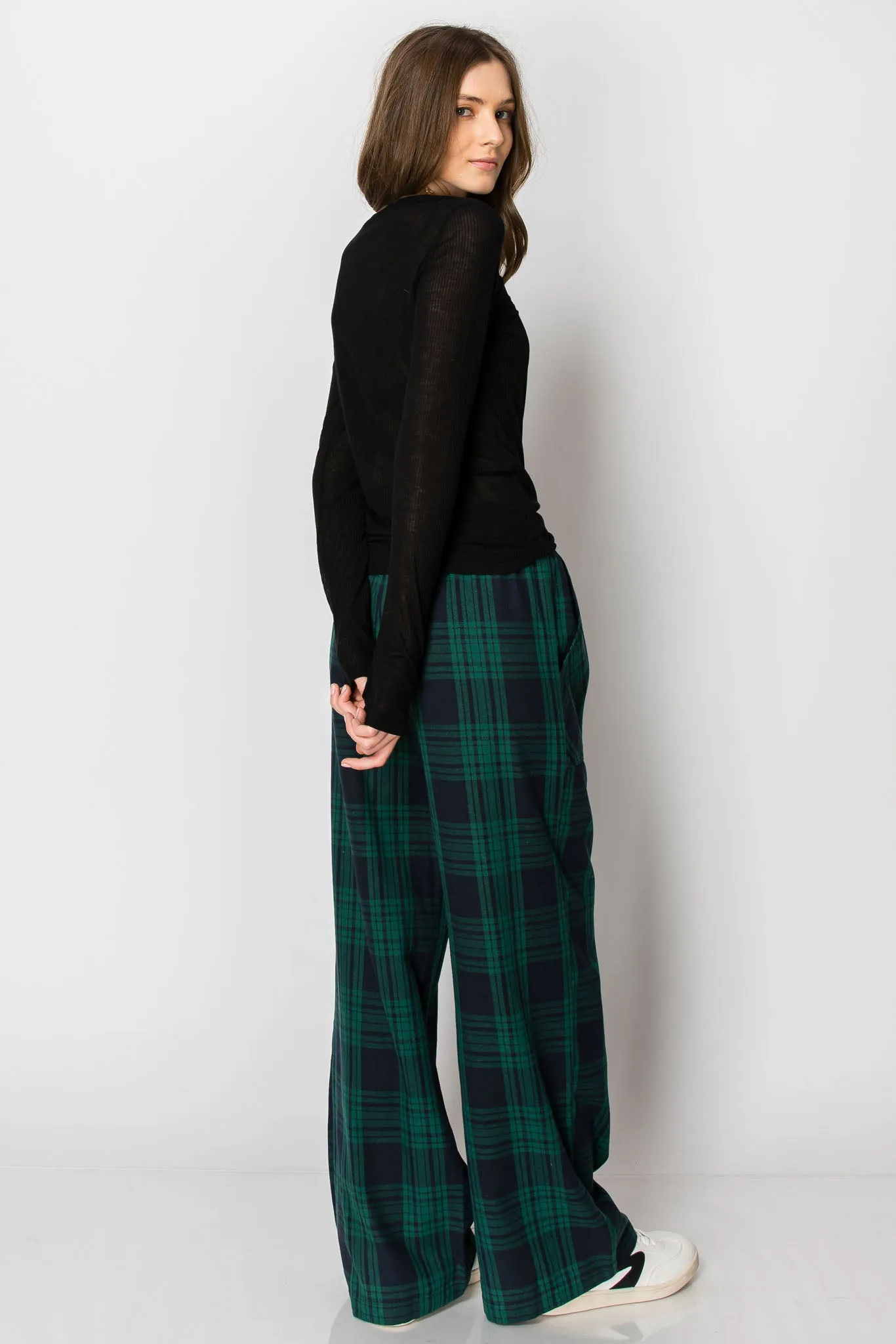 DRAW STRING PLAID WIDE LEG PANTS WITH POCKETS