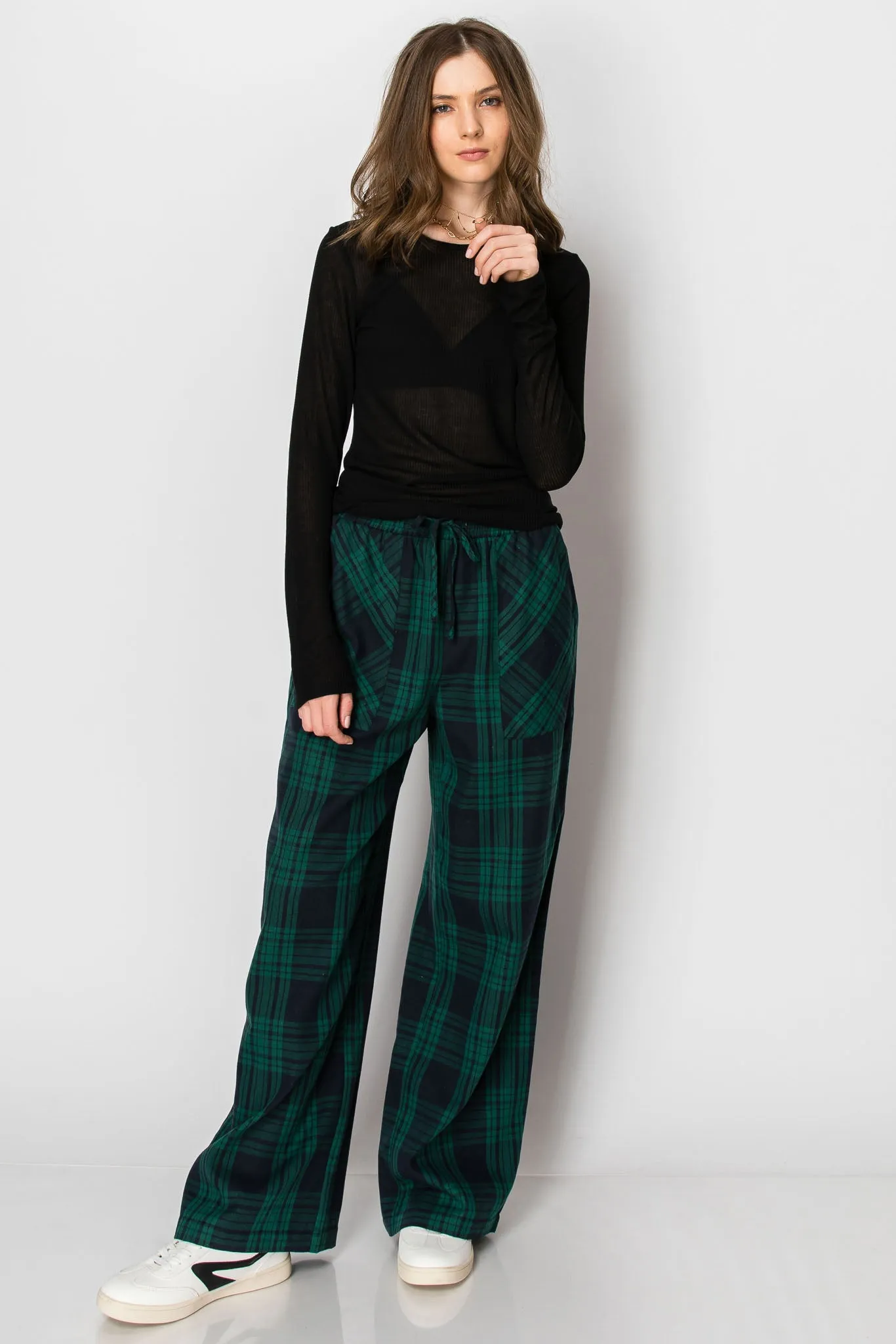 DRAW STRING PLAID WIDE LEG PANTS WITH POCKETS