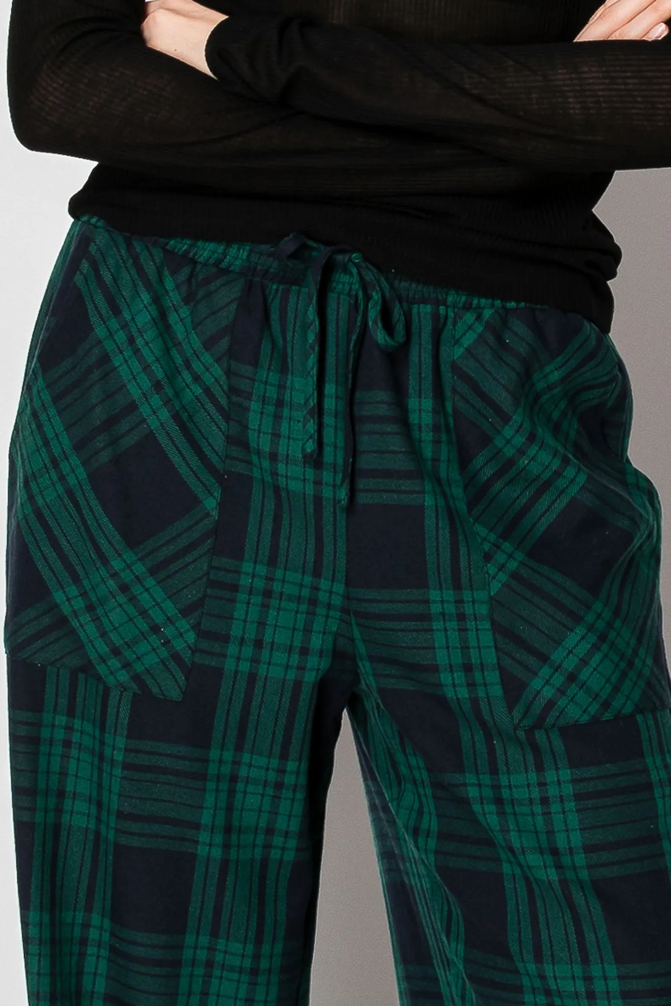 DRAW STRING PLAID WIDE LEG PANTS WITH POCKETS